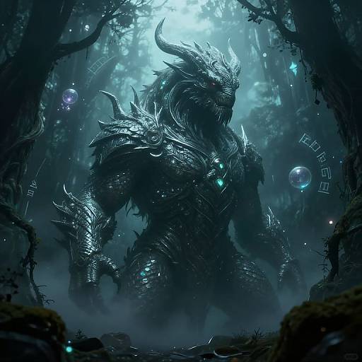 Digital fantasy artwork of a dark, glowing, horned, armored creature standing in a misty, blue-lit forest with ethereal orbs and runes