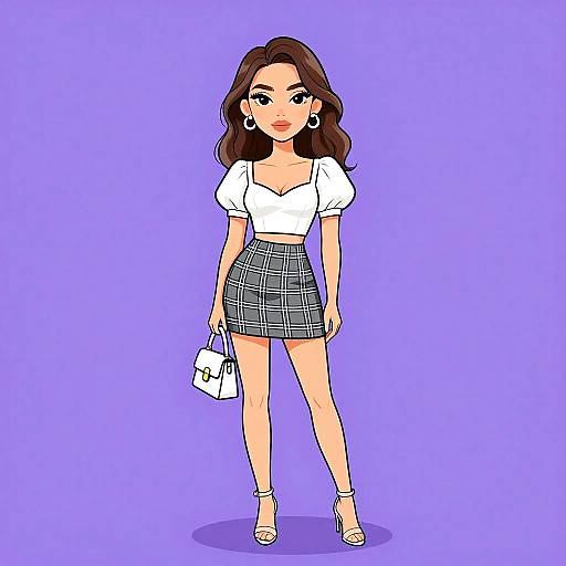 Digital drawing of a stylish woman with wavy brown hair, white crop top, black plaid skirt, holding a white handbag, standing against a