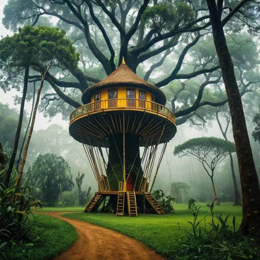 Whimsical Glade with Treehouse in Klimt Style