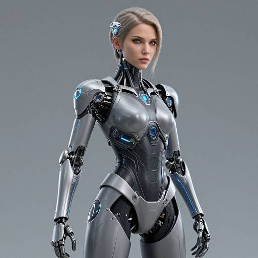CGI image of a silver and black robotic female android with blue glowing accents, short silver hair, and a serious expression.