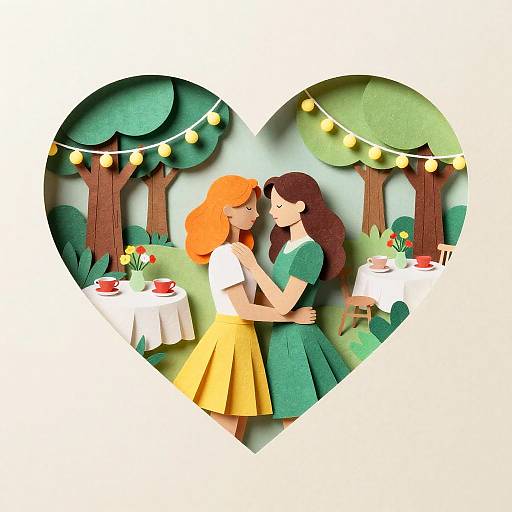 Two Women Embracing in Romantic Garden Tea Party