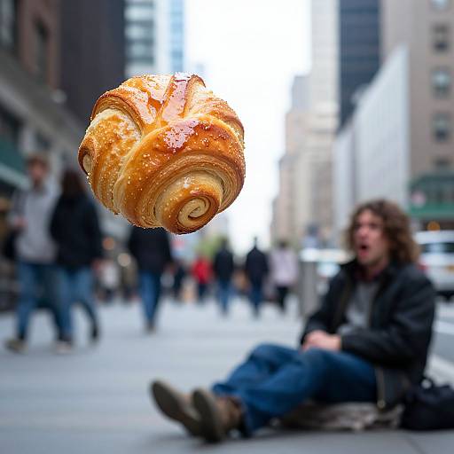 Photograph of a golden-brown, sugar-dusted croissant in mid-air, blurred city street background, and a surprised, seated man with curly