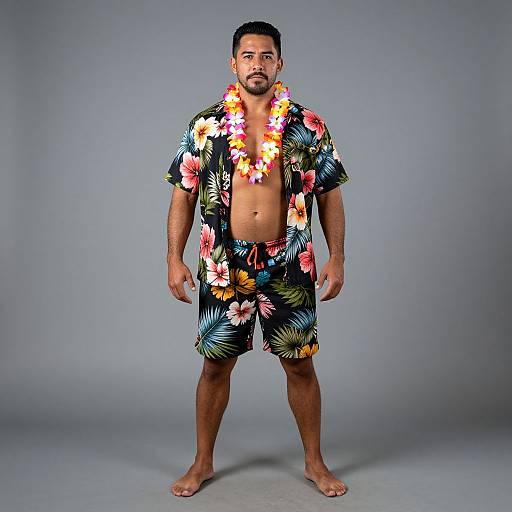 Photograph of a muscular, tan-skinned man with short black hair and beard, wearing a floral lei, open floral shirt, and matching shorts,