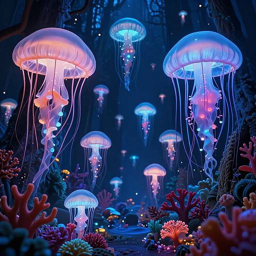 Photograph of a vibrant underwater scene with glowing blue and pink jellyfish floating among colorful coral reefs in a dark, mystical ocean.