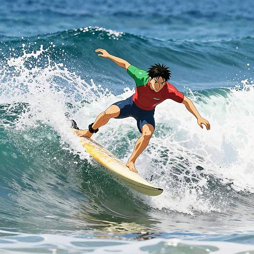 Dynamic Anime Surfer Riding Waves