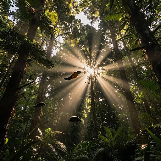 Photograph of a sunlit, dense forest with rays of sunlight streaming through tall trees, creating a radiant halo effect. A bird flies amidst lush green