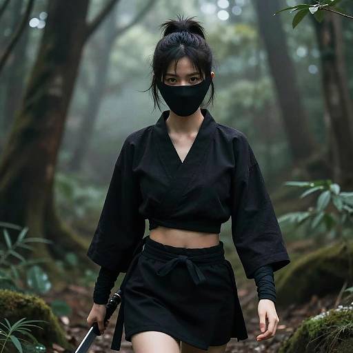 Digital art of a mysterious, black-clad Asian woman with a ponytail, face mask, and midriff-baring top, holding a knife