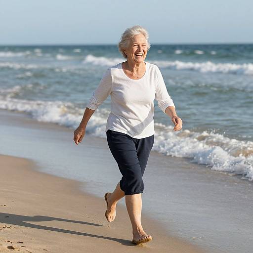 Photograph of an elderly woman with short gray hair, wearing a white long-sleeve shirt and dark capri pants, joyfully walking barefoot