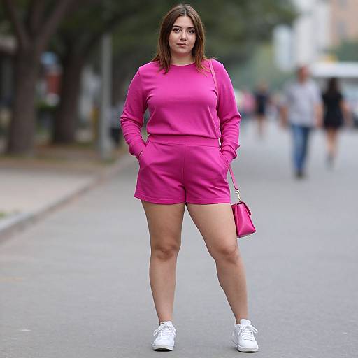 Photograph of a young woman with medium skin tone and brown hair, wearing a vibrant pink long-sleeve top and matching shorts, white sneakers,