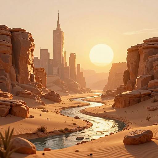 Cyberpunk Desert Landscape at Golden Hour