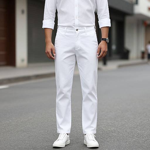 Photograph of a man in white shirt and pants, white sneakers, black watch, standing on urban street, blurred background.