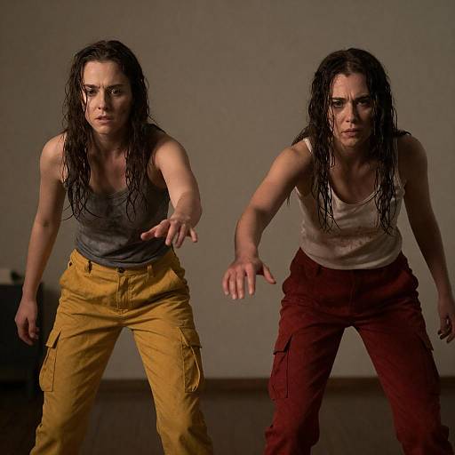 Wet, Disheveled Women in Tense Stance