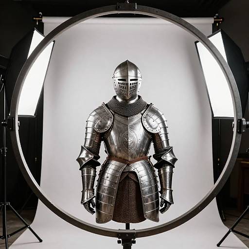 Photograph of medieval silver armor, including helmet, shoulder pauldrons, chest plate, and skirt, displayed in a studio ring light.