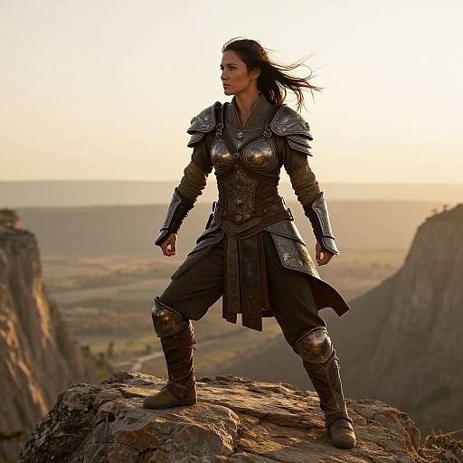 Photo of a fierce, dark-haired woman in metallic armor standing confidently on a rocky cliff at sunset, overlooking a vast, hilly landscape.