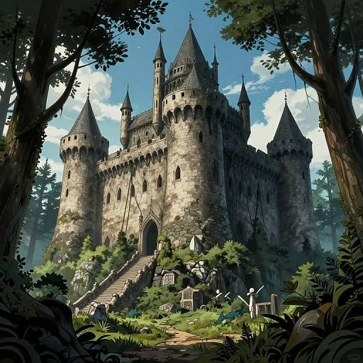 Digital illustration of a medieval, stone castle with four tall, pointed towers, nestled in a dense, lush forest with a winding stone staircase and overgrown
