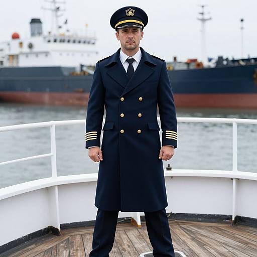 Photograph of a stern-faced male naval officer in a black double-breasted coat, white shirt, black tie, and peaked cap, standing on a