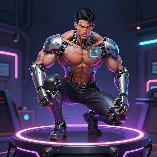 Cybernetic Bodybuilder on Neon Platform