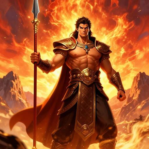 Muscular, dark-haired warrior with fierce expression, holding spear, stands in fiery, mountainous background. Wears ornate armor, black cape,