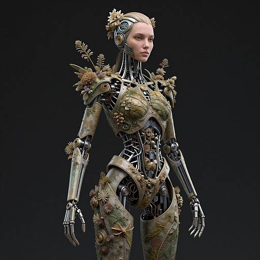Photorealistic CGI of a female robot with intricate mechanical and floral elements, standing against a black background, blending nature and technology.