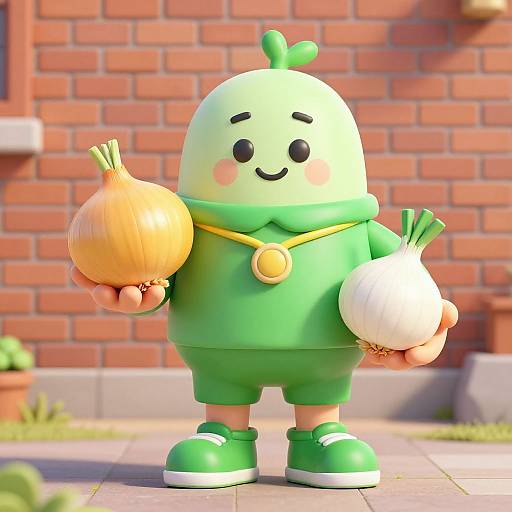 Cartoon green vegetable character with round body, holding onion and garlic, wearing green shorts, shoes, yellow necklace, standing on brick sidewalk.