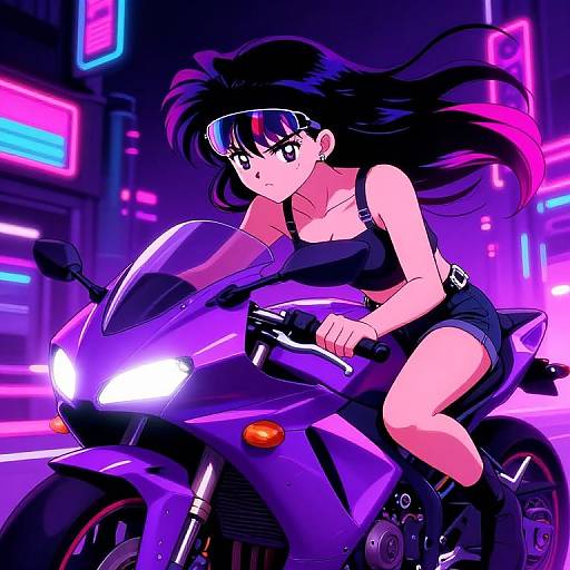 Anime-style drawing of a black-haired, blue-eyed woman in a black tank top and shorts, riding a purple motorcycle at night in a neon-lit