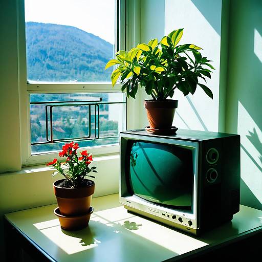 Sunlit CRT and Potted Plant Scene