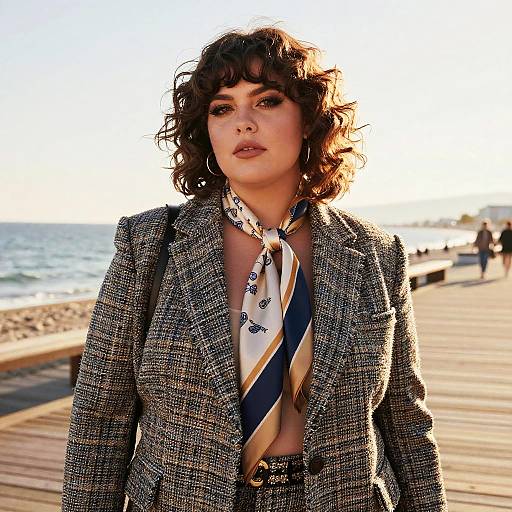 Plus-size model in tweed suit by seaside boardwalk