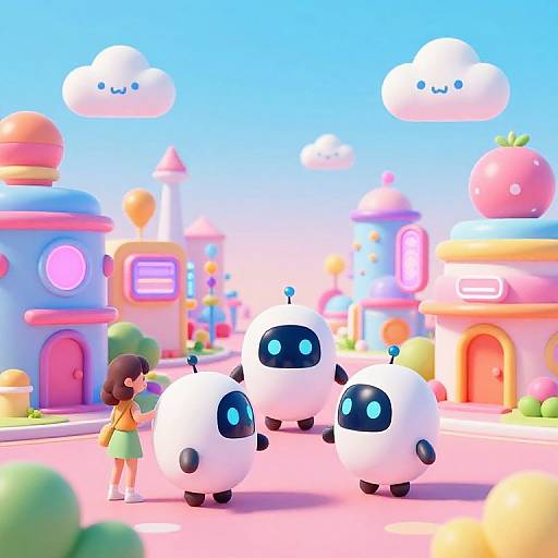Kawaii Futuristic City with Friendly Robots