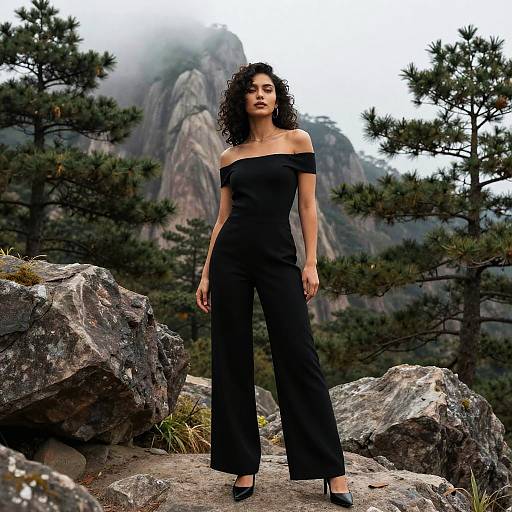 Photograph of a curly-haired woman in an off-the-shoulder black jumpsuit and black heels, standing confidently on rocky terrain with misty mountains