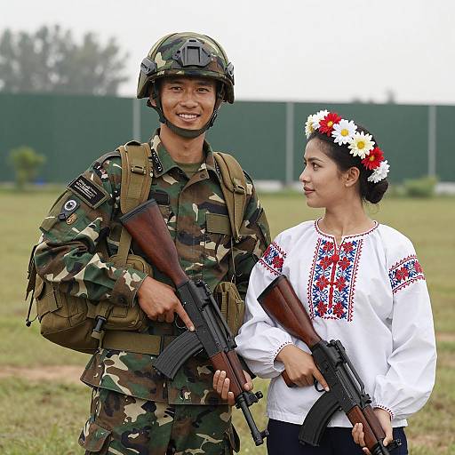 Soldier and Woman in Traditional Attire