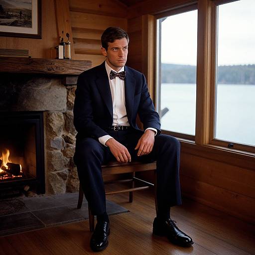 Man in Navy Suit by Fireplace