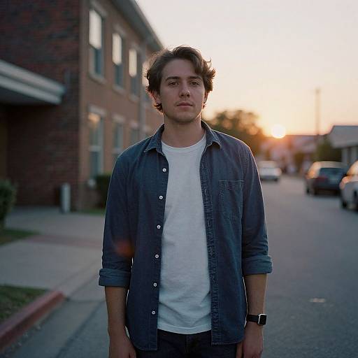 Photograph of a young man with wavy brown hair, wearing a blue denim shirt over a white t-shirt, standing on a suburban street at sunset