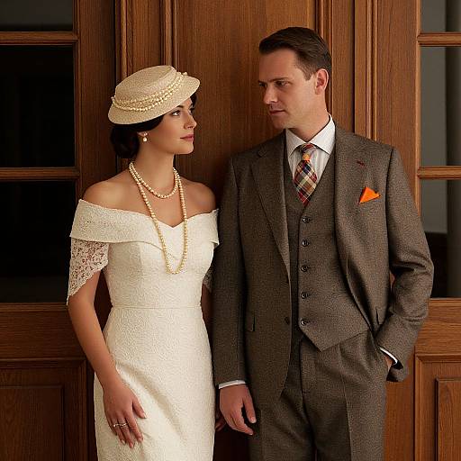 Photograph of a vintage-styled couple: she wears a white off-shoulder lace dress and pearl accessories, he in a brown three-piece suit
