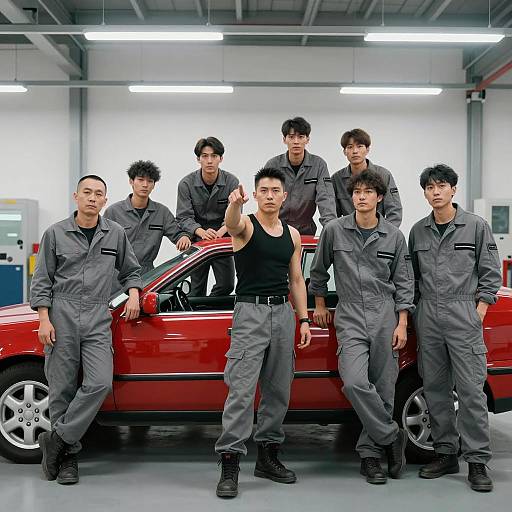 Men in Jumpsuits Around a Red Car