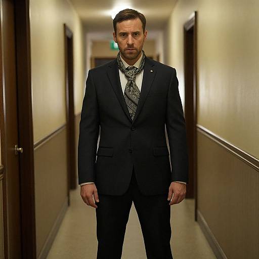 Man in Suit and Scarf Standing in Hallway