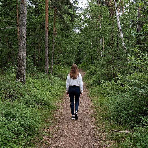 Woman Walking Through Lush Forest Path