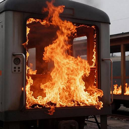 Burning Metallic Train Car in Flames