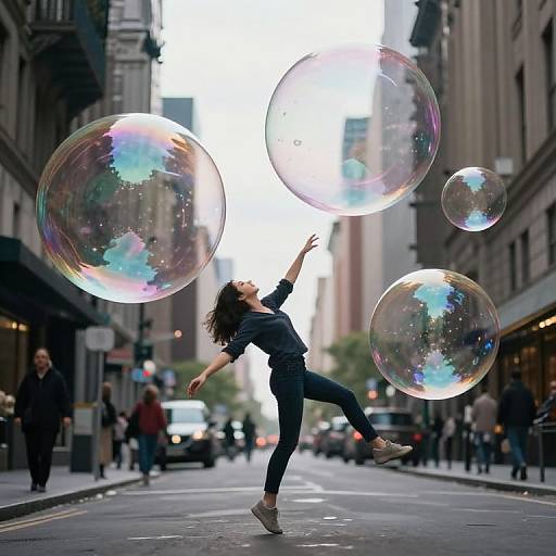 Photograph of a young woman with curly brown hair, wearing a black shirt and jeans, joyfully blowing large, iridescent bubbles on a busy