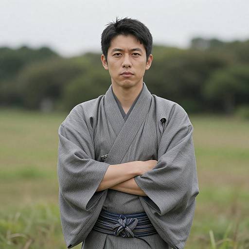Serious Asian Man in Striped Kimono
