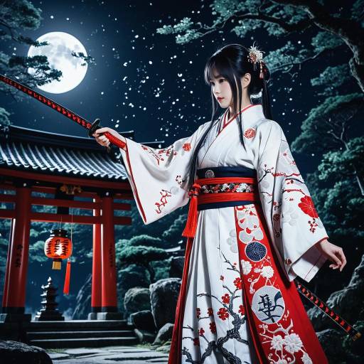 Mystical Shrine Maiden with Naginata at Moonlit Shrine