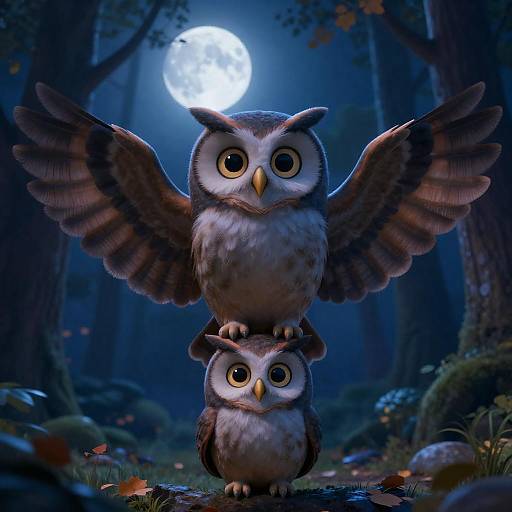 Startled Owls in a Moonlit Forest
