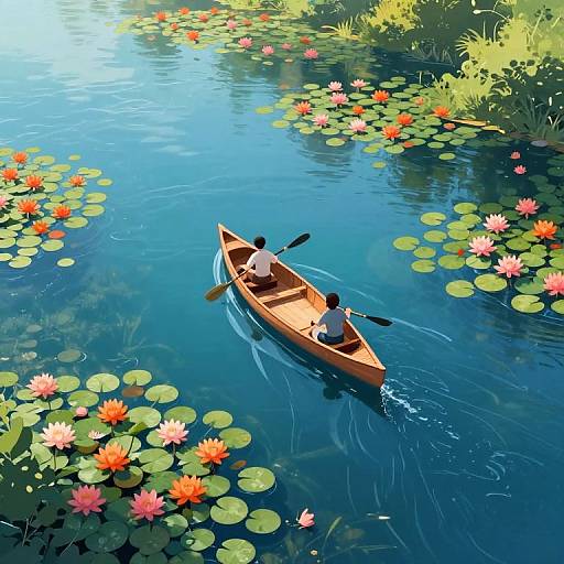 Digital painting of a person in a wooden canoe paddling through a vibrant blue pond with colorful lilies and green lily pads.
