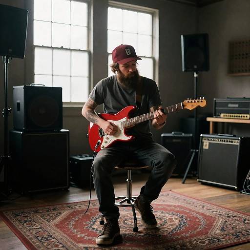 Bearded Musician in Dimly Lit Studio