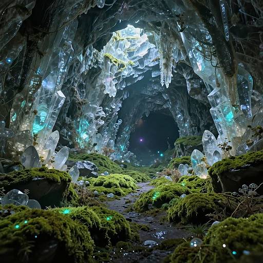 Photograph of a magical cave with glowing blue icicles, moss-covered floor, and ethereal luminescent orbs, creating an enchanting, other