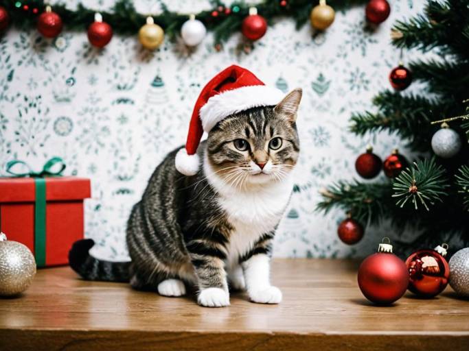 Adorable Christmas Cat Wallpaper Design