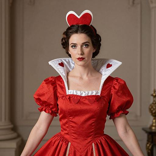 Photograph of a woman in a red, puffed-sleeve, heart-patterned Alice in Wonderland costume with white collar and red bow, standing