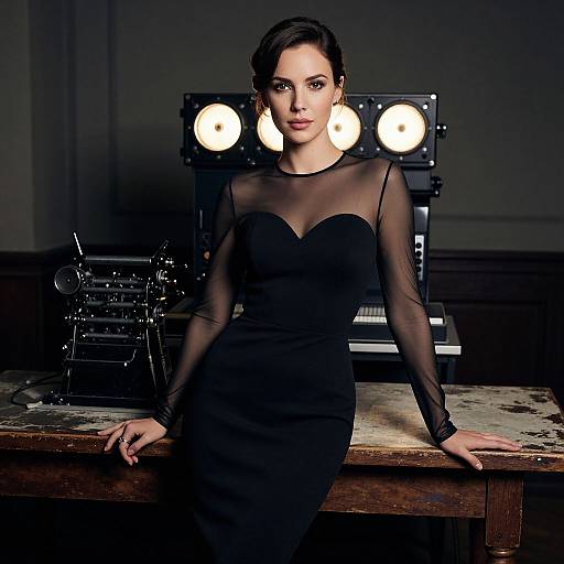 Photograph of a poised woman with dark hair in a black, sheer long-sleeve dress, standing in a dimly lit room with studio lights