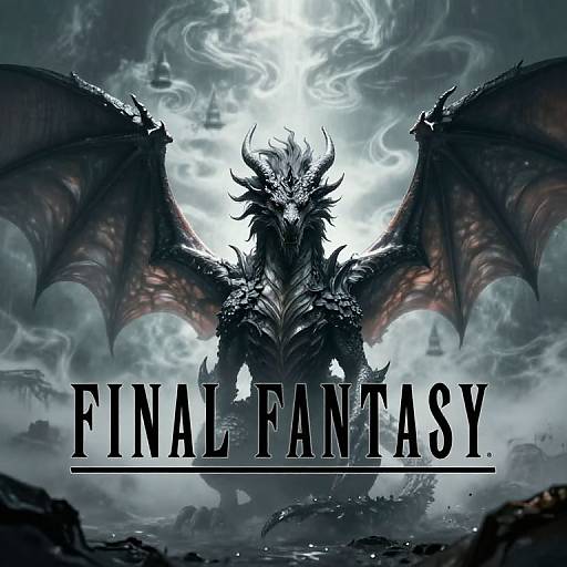 Digital artwork of a menacing, dark dragon with large wings, standing against a stormy, cloudy sky. Text 