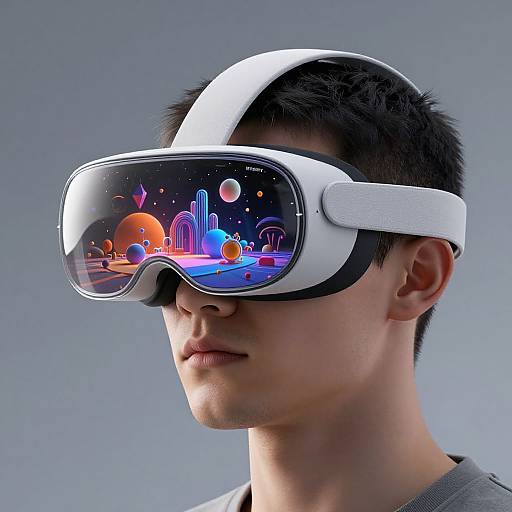 Young Asian man with short black hair wearing a white VR headset, displaying a colorful, cosmic digital landscape with planets and structures. Gray background. Photoreal