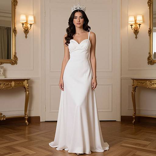 Photograph of a brunette woman with long wavy hair, wearing a white satin wedding dress and silver crown, standing in an elegant, ornately decorated